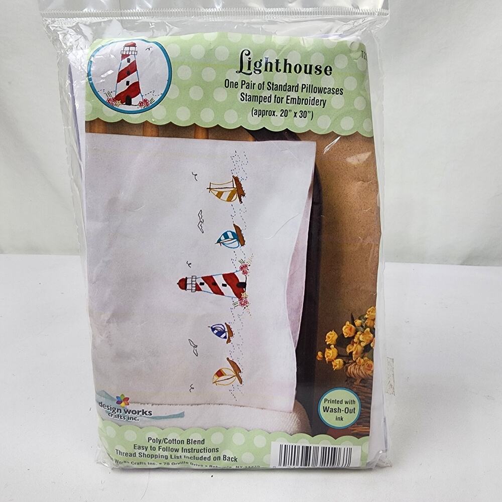 Design Works 2pk Premium Pillow Case Stamped Embroidery Kit Light House Nautical
